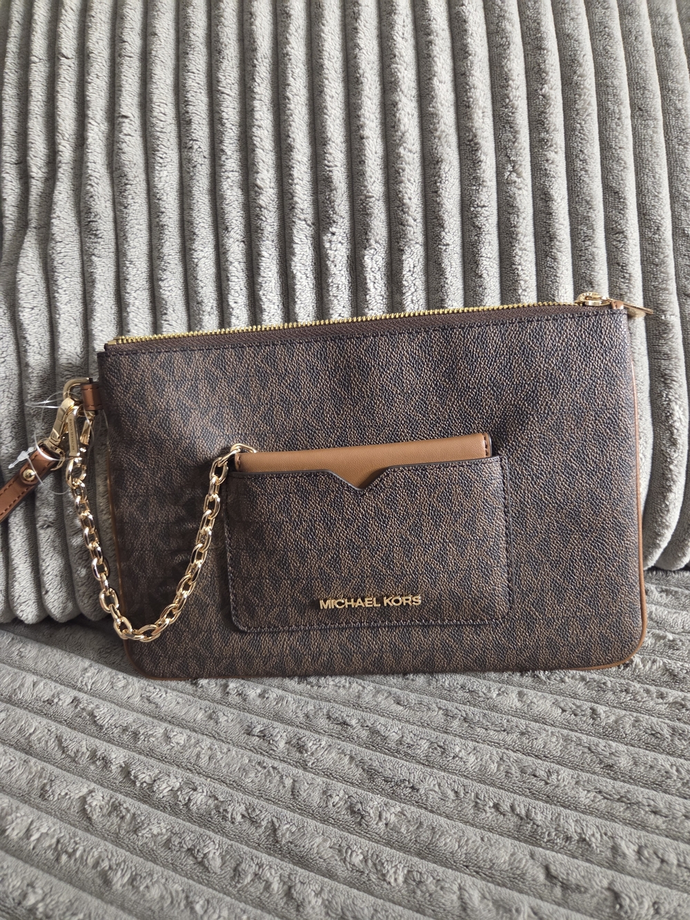 Michael Kors Brown Logo Wristlet with Tan Trim